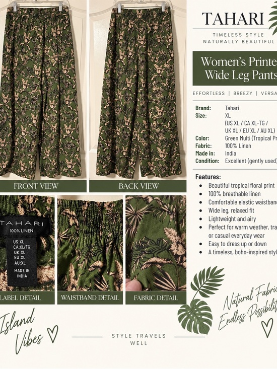 Tahari Pants - Tahari Green Multi Tropical Print Wide-Leg Linen Skirt